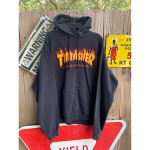 Vintage Y2K Thrasher Magazine black hoodie with orange flame design Size L